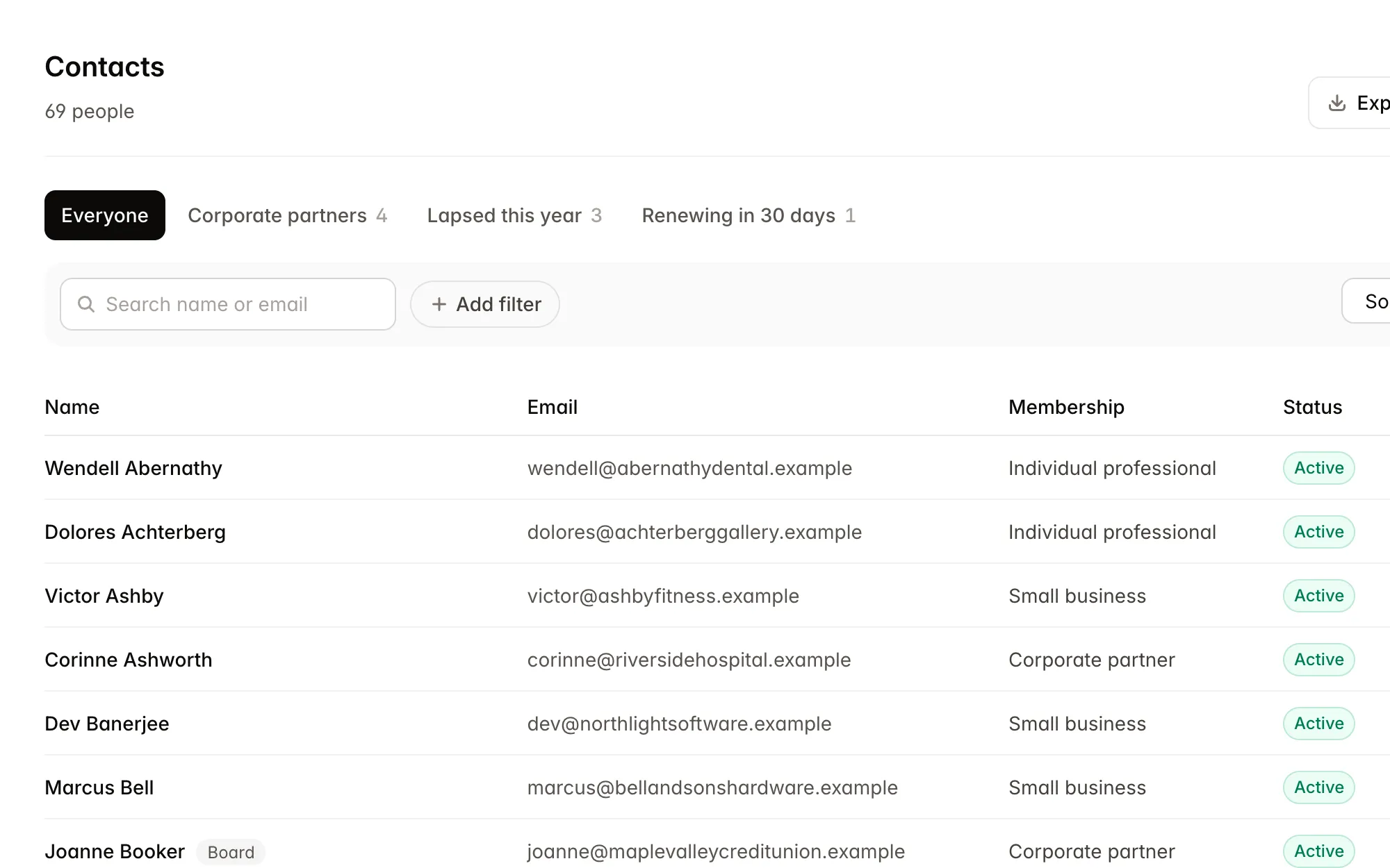 The member list with levels, status and renewal dates, plus saved filters.