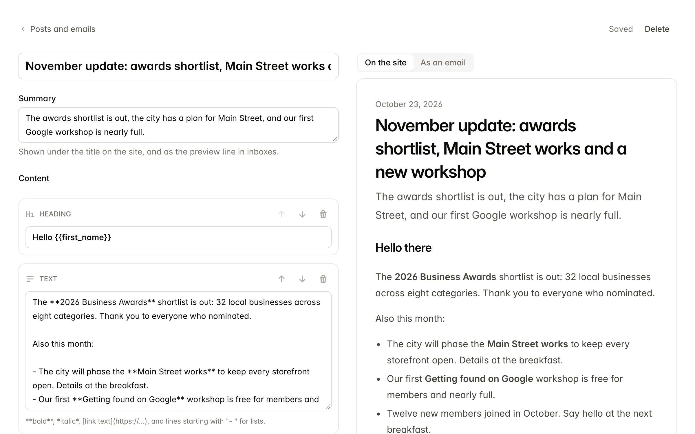 Editing a newsletter, with the website version previewed beside it.