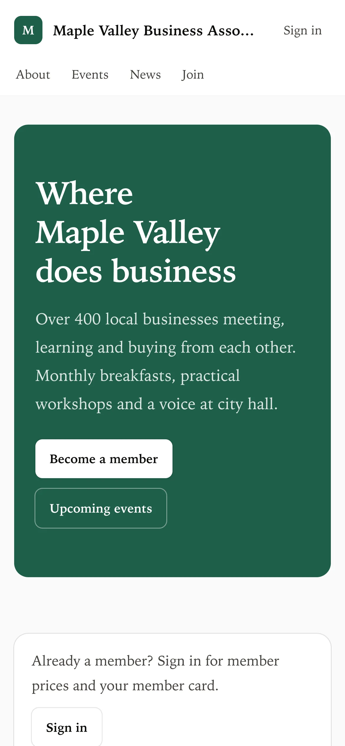 The association’s member site on a phone.